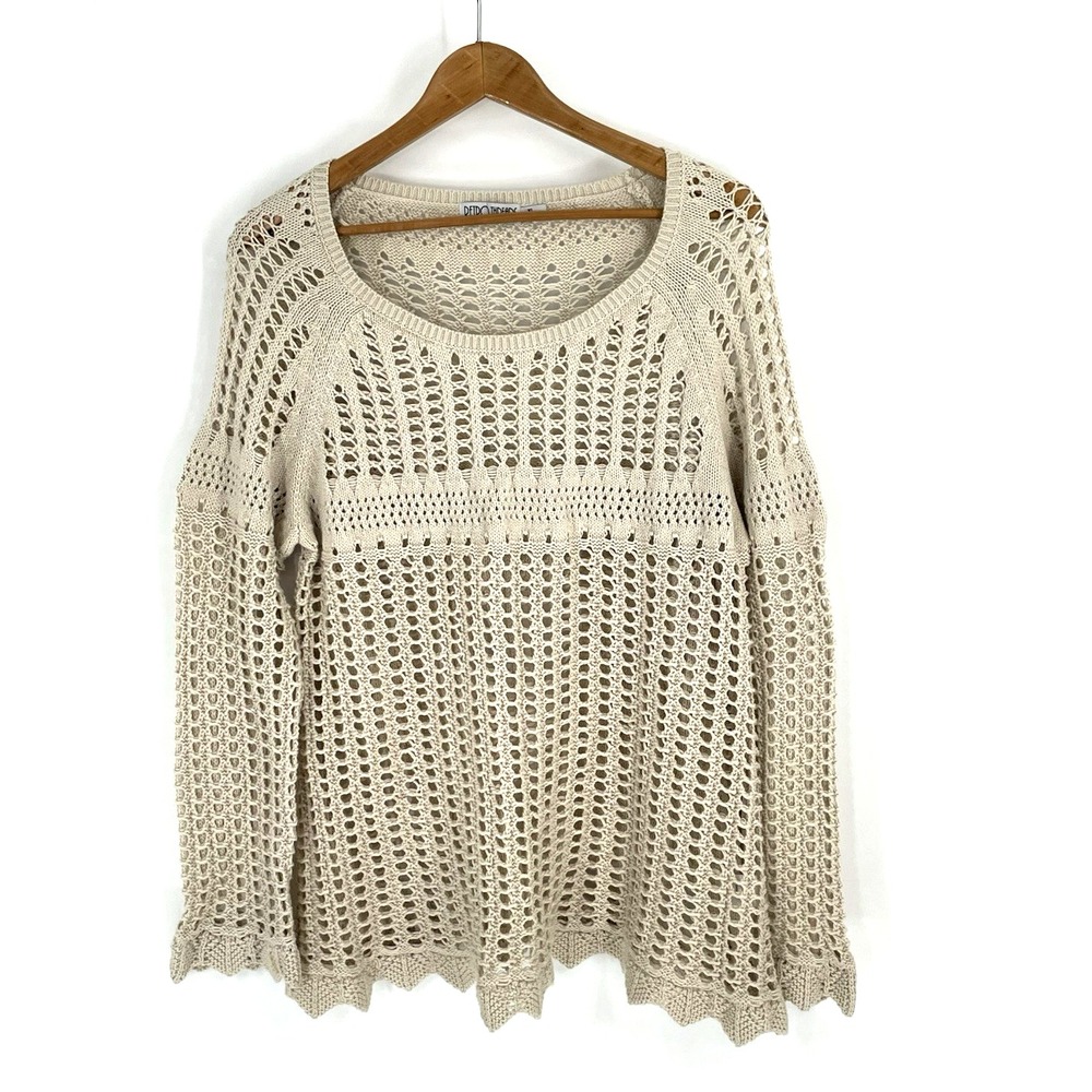 Retro Threads Crochet Sweater Womens XL Beige Open Knit Bell‎ Sleeve Boho Hippie